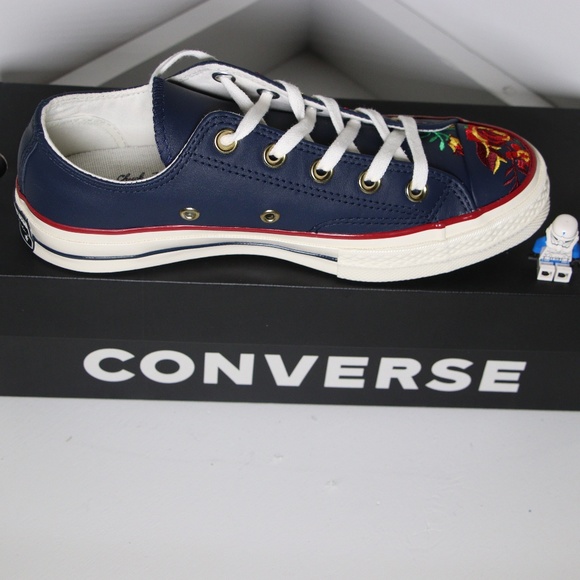 Converse Flowers / Navy Leather All Star Low Tops - Picture 3 of 7